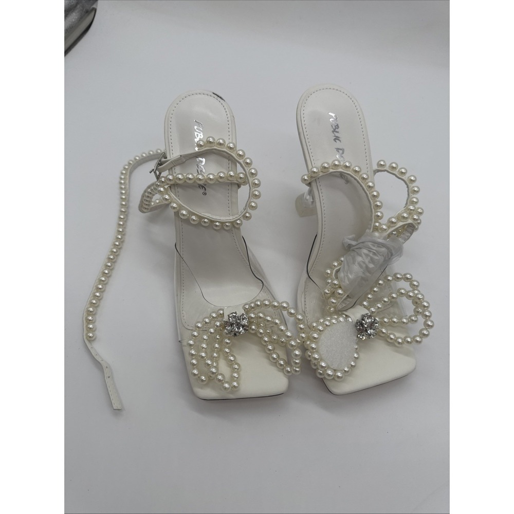 Women's Pearls Bow Detail Square Toe High Heel Sandals Public desire size 8